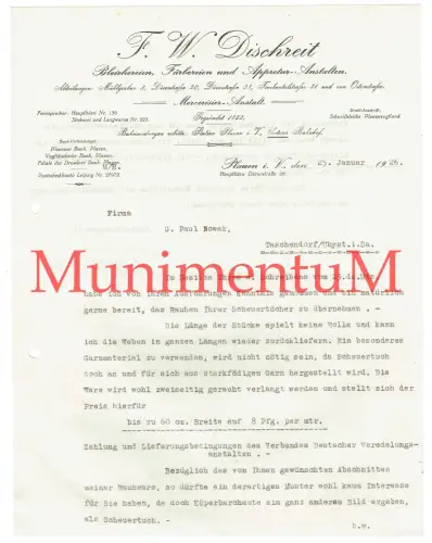 Bleicherei Färberei Appretur-Anstalten Dischreit PLAUEN - Offerte Angebot 1926