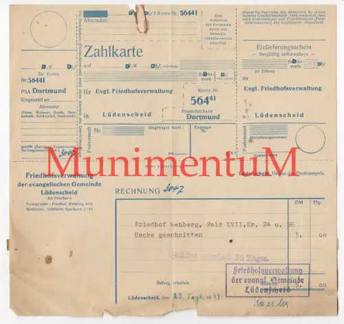 Zahlkarte Friedhofsverwaltung Friedhof Wehberg LÜDENSCHEID - Rechnung 1949