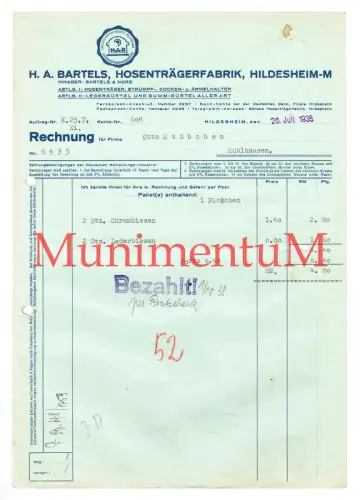 Bartels Hosenträgerfabrik HILDESHEIM  Rechnung Chrombiesen Mühlhausen 1938 R155
