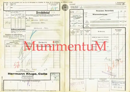 Frachtbrief Lederfabrik Kluge CELLE VORWOHLER-EMMERTHALER Eisenbahn 1938 R106