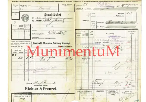 kgl bay Frachtbrief 1915 Frenzel & Richter NÜRNBERG Städtisches Gaswerk KULMBACH