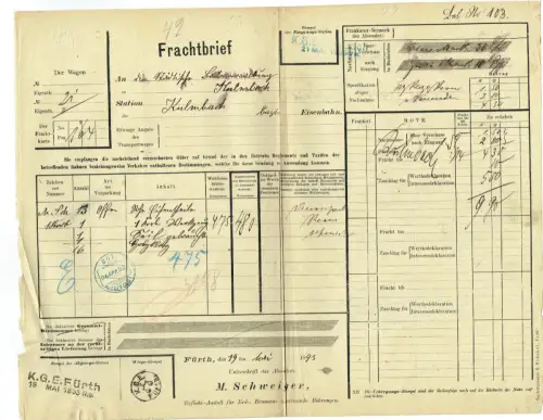 Frachtbrief über Bäume 1884 HIMMELKRON TREBGAST VILSHOFEN #21