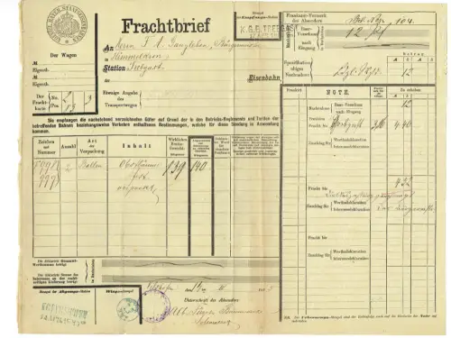 Frachtbrief 1885 HIMMELKRON VILSHOFEN Obtbäume kgl. bay. Eisenbahn #20