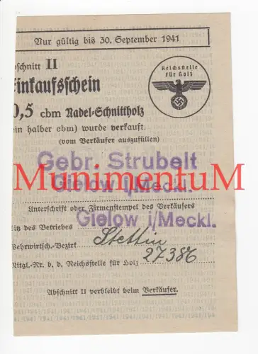 Einkaufsschein Nadel-Schnittholz 1941 Wehrwirtschaftsbezirk STETTIN Sitz GIELOW