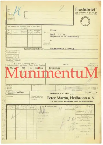 Frachtbrief 1954 techn. & Müllerei-Artikel Peter Martin HEILBRONN n. WEIKERSHEIM