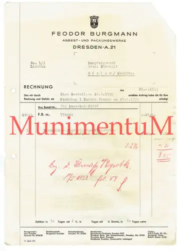 Asbest- & Packungswerke Feodor Burgmann DRESDEN - Rechnung 1939 Lanzlokomotive