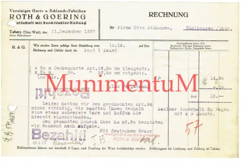 Roth & Goering Gurt- und Schlauch-Fabriken TABARZ 1937 Rechnung Quittung R94