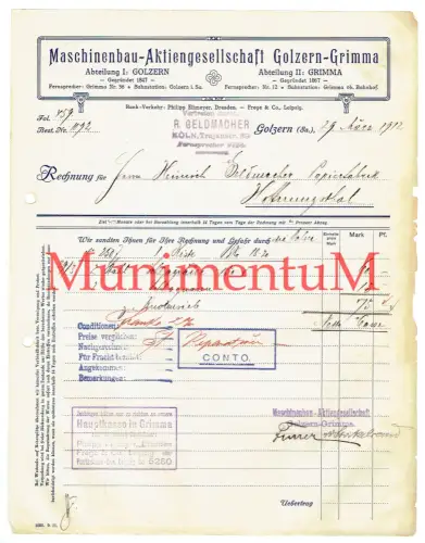 Maschinenbau-Aktiengesellschaft GOLZERN-GRIMMA Hoffnungsthal Rechnung 1912 R239