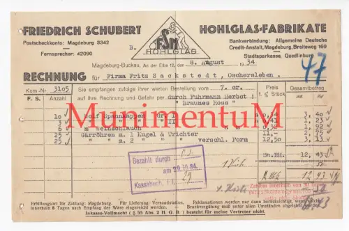 Schubert Hohlglas-Fabrikate MAGDEBURG BUCKAU - Rechnung 1934 durch Fuhrmann Ross