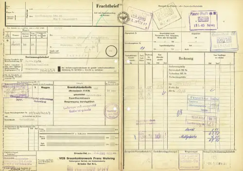 Frachtbrief DDR 1955 VEB BRAUNKOHLENWERK BRIESKE-OST GUTENFÜRST HARSDORF #121