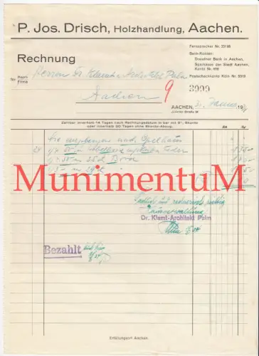 Holzhandlung Josef Drisch AACHEN - 2 Rechnungen Briefbögen (aufgeklebt) 1934