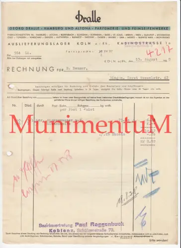 Parfümerie & Feinseifenwerke Georg Dralle KÖLN HAMBURG ALTONA - Rechnung 1938