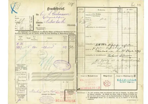Frachtbrief 1893 Nürnberg KLAVIER Hofmusikalienhandlung Hugo Zerfuss #95
