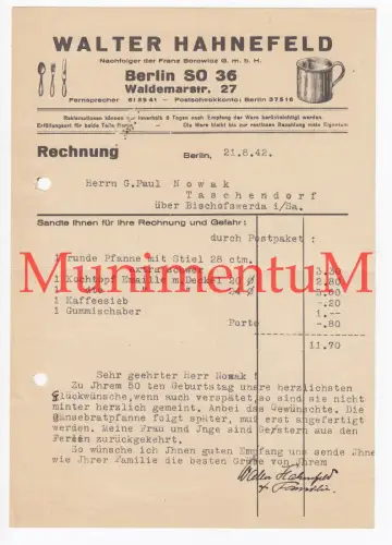 Walter Hahnefeld BERLIN Nachf. Borowicz | Rechnung Signatur Glückwunsch 1942