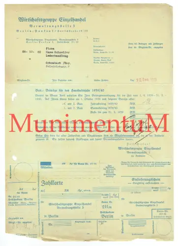 Wirtschaftsgruppe Einzelhandel BERLIN - Zahlkarte für Beiträge 1939