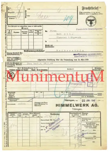 Frachtbrief 1948 Himmelwerk A.G. TÜBINGEN F. Gottschick Elektromotor Franz. Zone