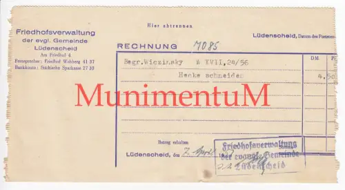 Friedhofsverwaltung evangelische Gem. LÜDENSCHEID 1951 Wiczynski | Rechnung