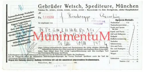 Gebrüder Wetsch Spediteure MÜNCHEN Rechnung 1934 Henkel DÜSSELDORF Wasserb. F106