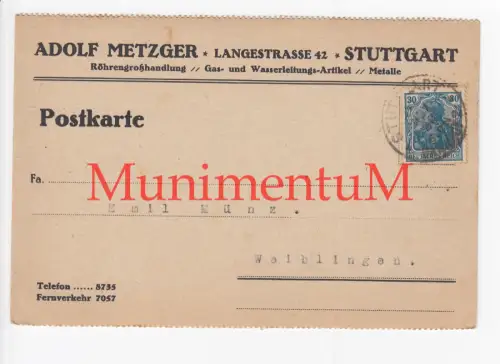 Geschäftspost Röhrengroßhandlung Adolf Metzger STUTTGART 1920 Entschuldigung
