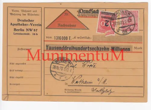 Deutscher Apotheker-Verein BERLIN - Nachnahme 1923 Apotheke Karl Wrede WERTHEIM