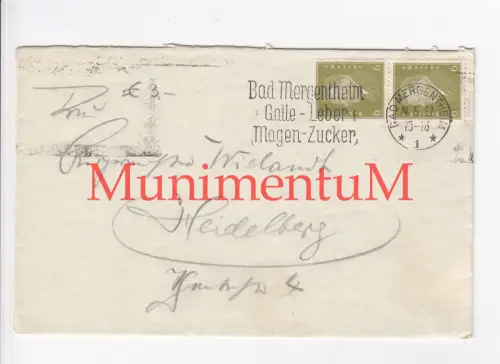 BAD MERGENHTHEIM Galle Leber Magen Zucker leerer Kuvert n. HEIDELBERG Wielandt