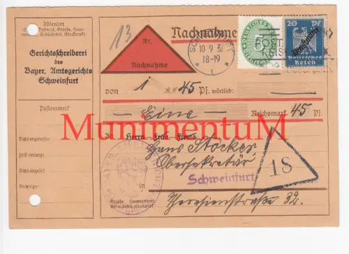 Gerichtsschreiberei Bay. Amtsgericht SCHWEINFURT - Nachnahme 1931 Kostenrechnung