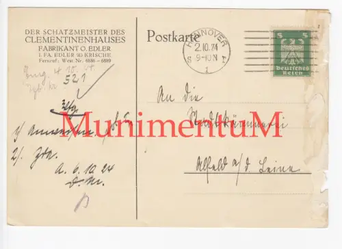 Schatzmeister Clementinenhaus HANNOVER - Rechnung 1924 Stadtkämmerei ALFELD