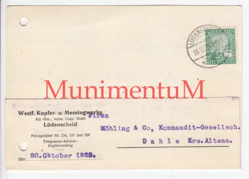 Westfälische Kupfer- & Messingwerke LÜDENSCHEID Möhling Co DAHLE - Rechnung 1925