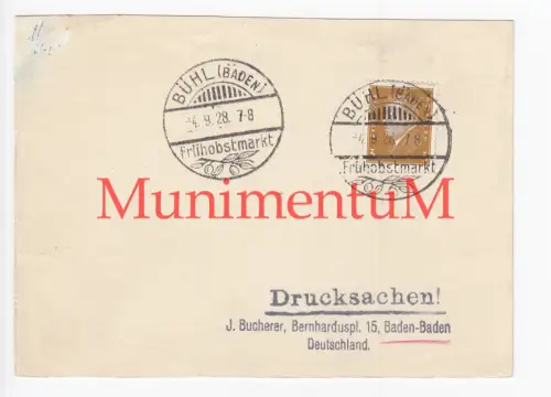 Frühobstmarkt BÜHL 1928 Drucksachen J. Bucherer BADEN-BADEN Stempel