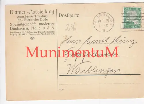 Spezialgeschäft | Blumen-Ausstellung HALLE / Saale Marie Treuding Postkarte 1925