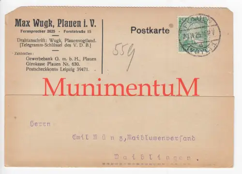 Gärtner Max Wugk PLAUEN i.V. - Postkarte 1925 Nelken statt Chrysanthemen