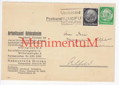Arbeitsamt HILDESHEIM Nebenstelle GRONAU - Postkarte 1934 an Magistrat ALFELD