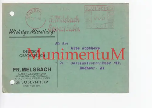 Fabrik pharmazeutischer Karonagen & Papierwaren Fr. Melsbach SOBERNHEIM 1946
