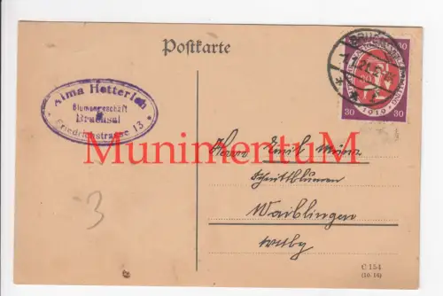 Blumengeschäft Alma Hetterich BRUCHSAL - Nachbestellung Reklamation 1921 Post