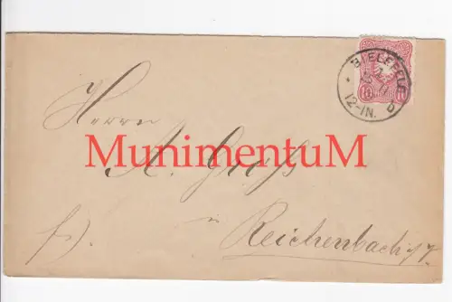 leerer Kuvert von BIELEFELD nach REICHENBACH i. Vogtland im Jahr ?1878?