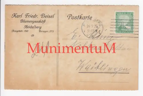 Blumengeschäft Karl Fr. Beisel HEIDELBERG - Postkarte Bestellung Nelken 1925