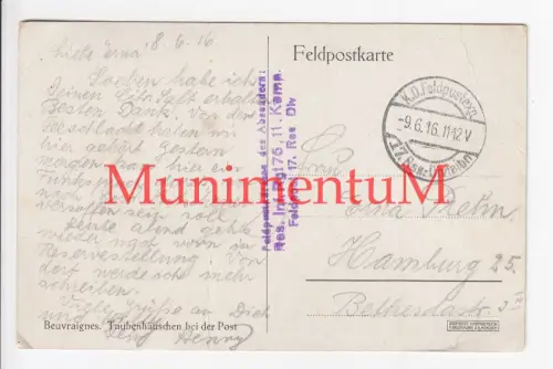 Feldpostkarte Infanterie-Regiment 176 IR , 17. Reserve-Division nach HAMBURG