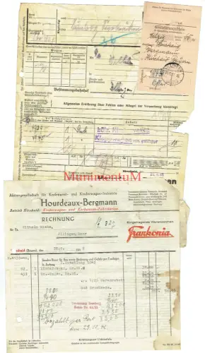 Frachtbrief Rechnung Schein 1942 Kinderwagenfabrik Hourdeaux-Bergmann HIRSCHAID