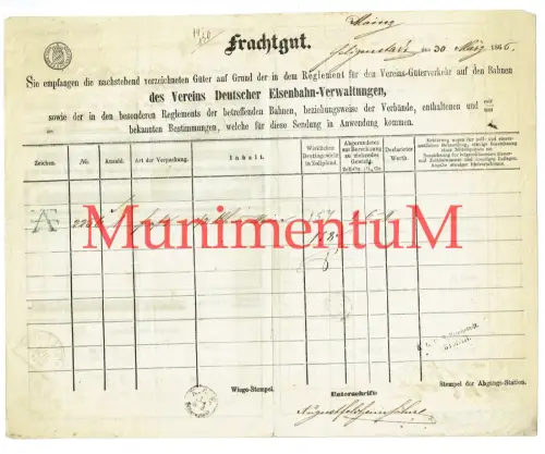 Frachtbrief 1865 SELIGENSTADT MAINZ n. PENIG ALTENBURG kgl. bay. Staatseisenbahn