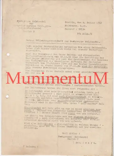Fachgruppe Holzhandel STETTIN - Anmeldebogen + Anschreiben 1942