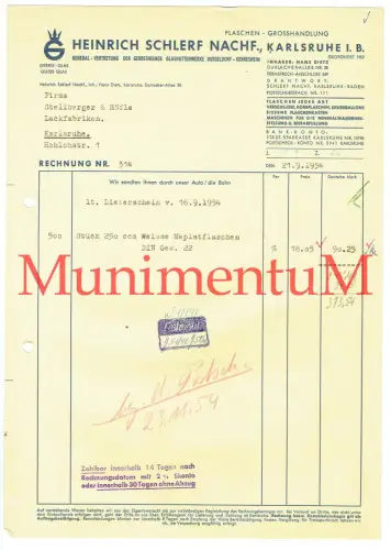 Flaschen-Großhandlung H. Schlerf Nachf. KARLSUHE - Rechnung 1954 gegr. 1907