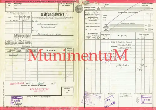 Eilfrachtbrief SCHWÄBISCH GMÜND Rems-Druckerei 1938 Sigg, Härtel & Co. | DRG