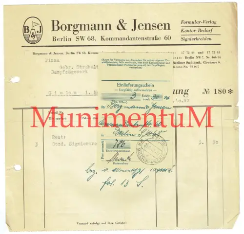 Formular-Verlag Borgmann & Jensen BERLIN 1942 - Rechnung + Einlieferungsschein