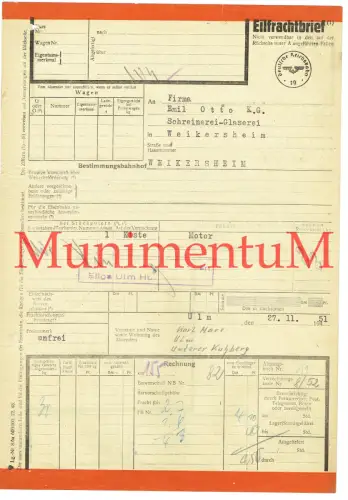 Eilfrachtbrief ULM Karl Marx v. Motor nach Weikersheim Deutsche Reichsbahn 1951