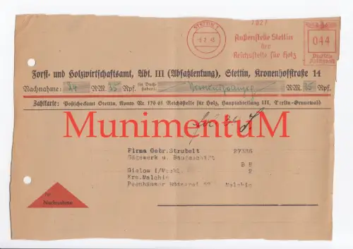 Forst- & Holzwirtschaftsamt Abt. III (Absatzlenkung) STETTIN in Pommern 1943