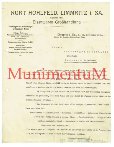 Eisenwaren-Großhandlung K. Hohlfeld LIMMRITZ i. Sa. - Rechnung Offerte 1920
