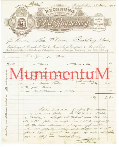 Fabrik v. Feilen Sägen & Schlittschuhen Ed. Rüggeberg REMSCHEID - Rechnung 1905