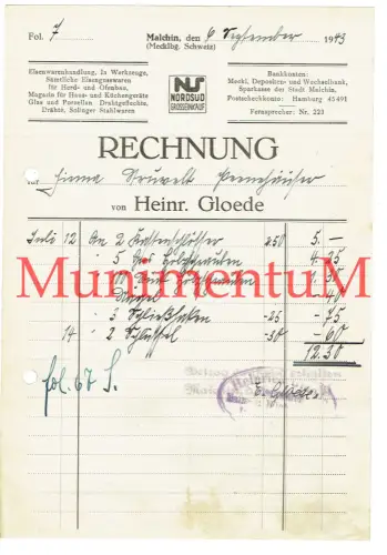 Eisenwarenhandlung Heinrich Gloede MALCHIN - Rechnung 1943
