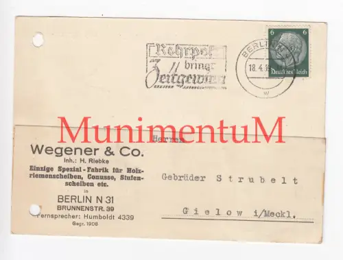 Einzige Spezialfabrik Holzriemenscheiben Wegener & Co BERLIN 1939 Baumbestellung