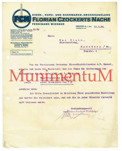 Eisen- Kurz- & Gusswaren-Handlung Czockerts Nachf. DRESDEN Eisenofen KASSEL 1929